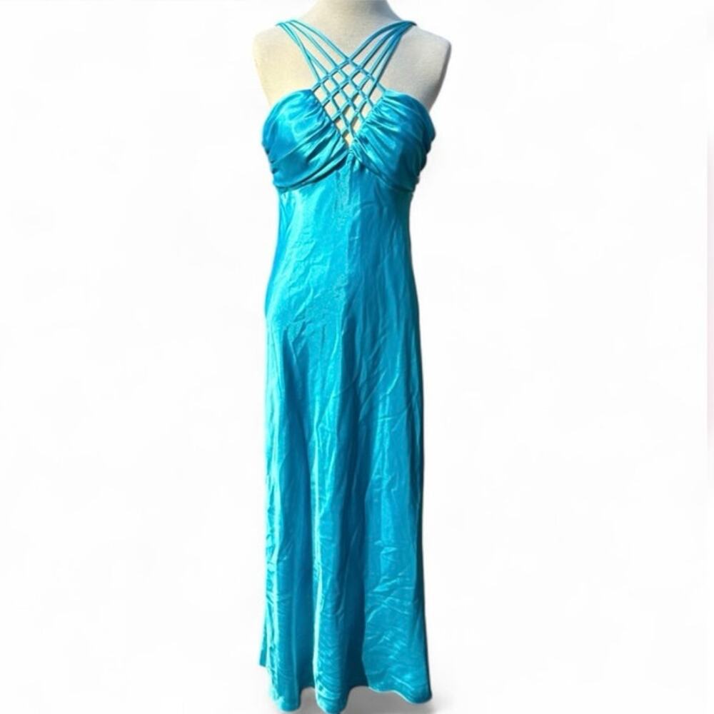 Vintage Y2K Aqua Teal Satin Strapy Prom Dress sz 8 Med Ignite evenings Carol Lin